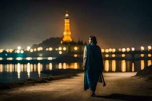 en kvinna i en blå klänning promenader längs de vatten på natt. ai-genererad foto