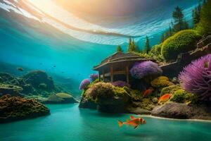 ett under vattnet scen med en hus och fisk. ai-genererad foto