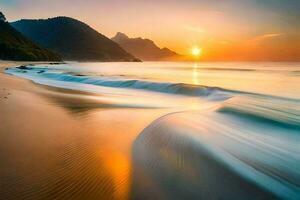 de Sol uppsättningar över en strand med vågor. ai-genererad foto
