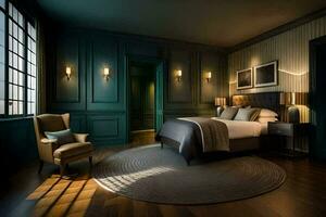 en sovrum med mörk trä väggar och en säng. ai-genererad foto