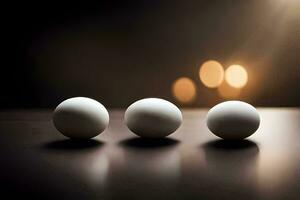 tre vit ägg på en tabell med en ljus Bakom dem. ai-genererad foto