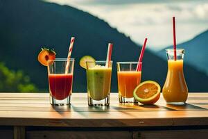 fem annorlunda typer av juicer på en tabell. ai-genererad foto