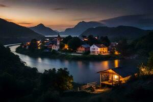 Foto tapet de himmel, berg, flod, hus, by, solnedgång, ljus, vatten,. ai-genererad