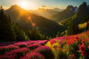 de Sol lyser över en fält av blommor i de berg. ai-genererad foto