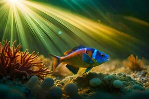 Foto tapet fisk, de Sol, ljus, korall, hav, korall rev, fisk, under vattnet. ai-genererad
