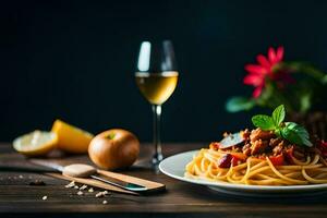 spaghetti med kött och grönsaker på en tallrik. ai-genererad foto