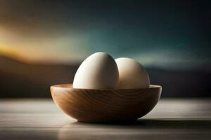 två ägg i en trä- skål på en tabell. ai-genererad foto