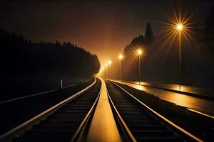 en tåg Spår på natt med lampor lysande på Det. ai-genererad foto