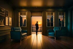 en man står i främre av en dörr med en se av de solnedgång. ai-genererad foto