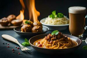 spaghetti med köttbullar och en kopp av kaffe. ai-genererad foto