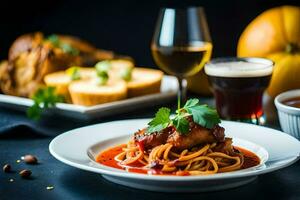 en tallrik av spaghetti med kött och sås på en tabell med en glas av vin och bröd. ai-genererad foto