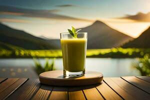 en glas av grön juice på en trä- tabell i främre av en sjö. ai-genererad foto