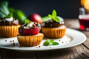 små muffins med jordgubbar och mynta på en vit tallrik. ai-genererad foto