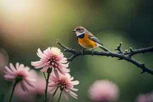 Foto tapet de fågel, blommor, natur, vår, de Sol, de fågel, blommor,. ai-genererad