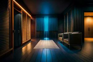 en rum med mörk trä golv och en stol. ai-genererad foto
