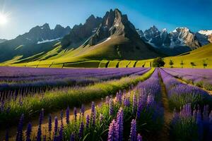 lavendel- fält i de berg. ai-genererad foto