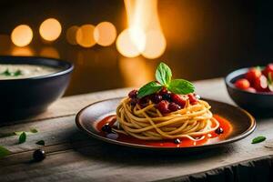 spaghetti med tomat sås och basilika löv på en trä- tabell. ai-genererad foto