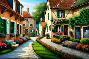 en målning av en gata med färgrik blommor och hus. ai-genererad foto