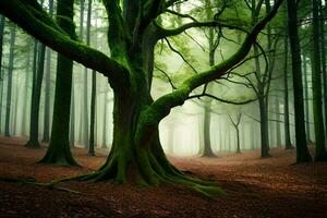 en grön träd i de mitten av en skog. ai-genererad foto