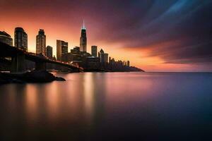 de chicago horisont på solnedgång. ai-genererad foto