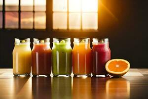 fem annorlunda juicer i glas flaskor på en tabell. ai-genererad foto