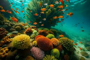 en korall rev med många annorlunda typer av fisk. ai-genererad foto