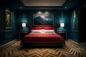 en sovrum med blå väggar och en röd säng. ai-genererad foto