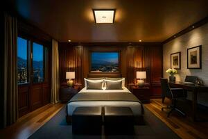 en sovrum med en stor säng och trä- panelerad väggar. ai-genererad foto