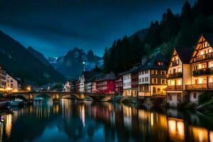 de stad av altenburg i de alps på natt. ai-genererad foto