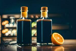 två flaskor av mörk flytande med ett orange skiva. ai-genererad foto