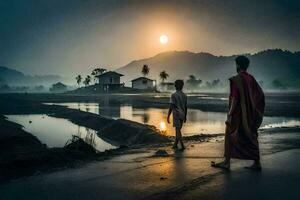 två munkar gående längs en väg på solnedgång. ai-genererad foto