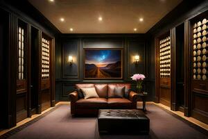 en rum med en soffa och en målning på de vägg. ai-genererad foto