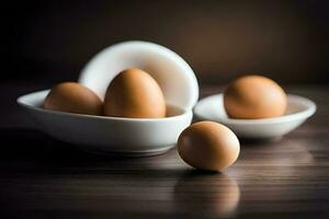tre ägg i vit skålar på en trä- tabell. ai-genererad foto