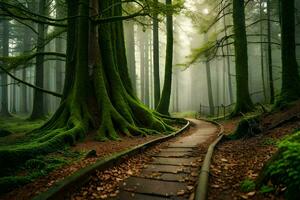 en väg genom en skog med träd och dimma. ai-genererad foto