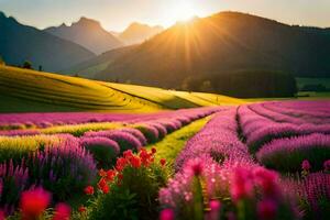de Sol stiger över en lavendel- fält i de berg. ai-genererad foto