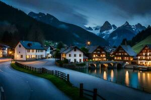 Foto tapet de himmel, berg, vatten, de natt, de berg, de by, de. ai-genererad