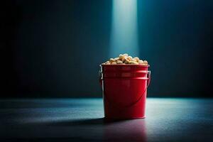 en röd hink fylld med popcorn på en mörk tabell. ai-genererad foto
