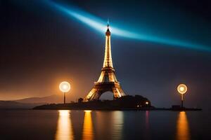 de eiffel torn är belyst upp på natt. ai-genererad foto