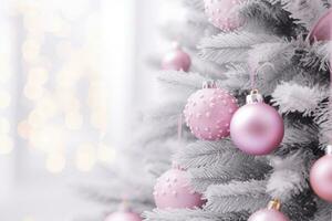 ai genererad. stänga upp av pastell rosa jul träd leksak boll dekoration på en fluffig snötäckt gran gren foto