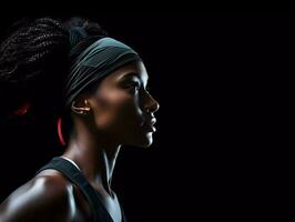ai genererad en sida profil och halv kropp fotografi av en kvinna löpning idrottare på svart bakgrund. löpare begrepp med kopia Plats. foto