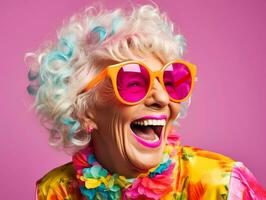 ai genererad Lycklig och rolig Häftigt gammal mormor med modern kläder porträtt på neon bakgrund. foto