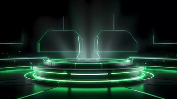 ai genererad podium med trogen grön neon belysning vetenskap skede bakgrund. 3d återges vetenskap teknologi montrar. foto