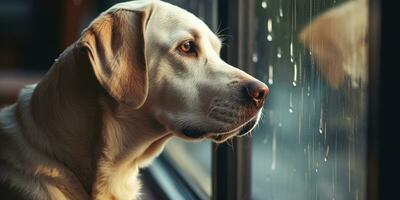 ensam vit labrador retriever väntar tyvärr på Hem peering genom regn dränkt fönster, ai generativ foto