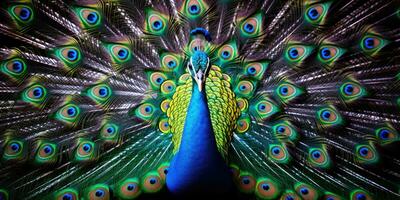 en skön påfågel som visar av dess skön fjädrar, ai generativ foto