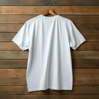 en se från tillbaka lyxig enkel vit oversize t-shirt attrapp med en galge hängande på en trä- bakgrund, ai generativ foto