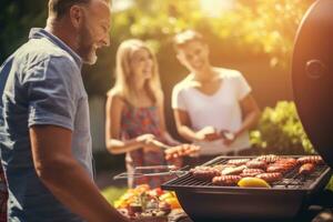 en grupp av människor tillsammans på en bbq. familj och vänner har picknick grilla grill i trädgård. har roligt äter och njuter tid. solig dag i de sommar. ai genererad foto