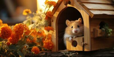 en söt hamster i miniatyr- trä hus, ai generativ foto