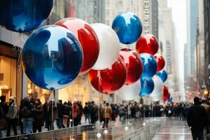 tid hedrad Macys parad ballonger fångad i tidningspapper grå umbra rosenträ röd kobolt blå foto