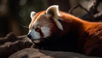 röd panda Sammanträde på gren, stirrande alert genererad förbi ai foto