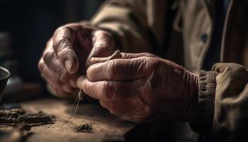 gammal man skicklig hand hantverk hemlagad läder genererad förbi ai foto